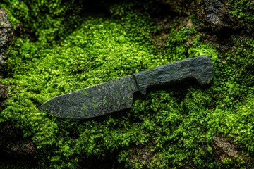 Obraz premium A Blackened Knife Resting On Lush Green Moss