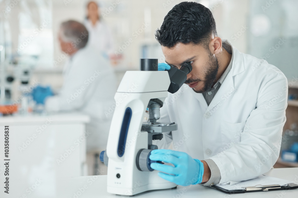 Poster man, scientist and microscope for research in lab with disease experiment, medical study and dna pro
