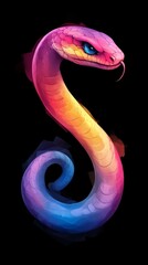 Fototapeta premium A vibrant snake overlays a black backdrop, encircling the lower portion of the letter S