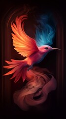 Obraz premium A bird in flight with sprawled wings in a red-orange-blue palette