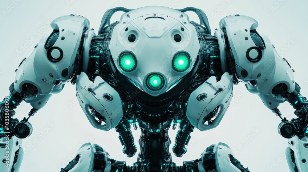 Poster advanced bio-inspired robot with flexible joints, designed to mimic nature, against a solid color ba