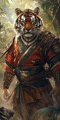 Tiger warrior in red and gold armor.
