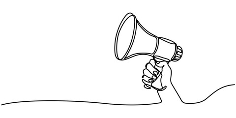 Continuous line drawing Holding by hand  megaphone Speaker Single Line Icon vector illustrations, One line hand with megaphone. Person hold loudspeaker in continuous lines style. Symbol of sale