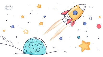 A minimalist rocket soaring through the sky, drawn in a clean cartoon outline. Great for a kids' coloring sheet