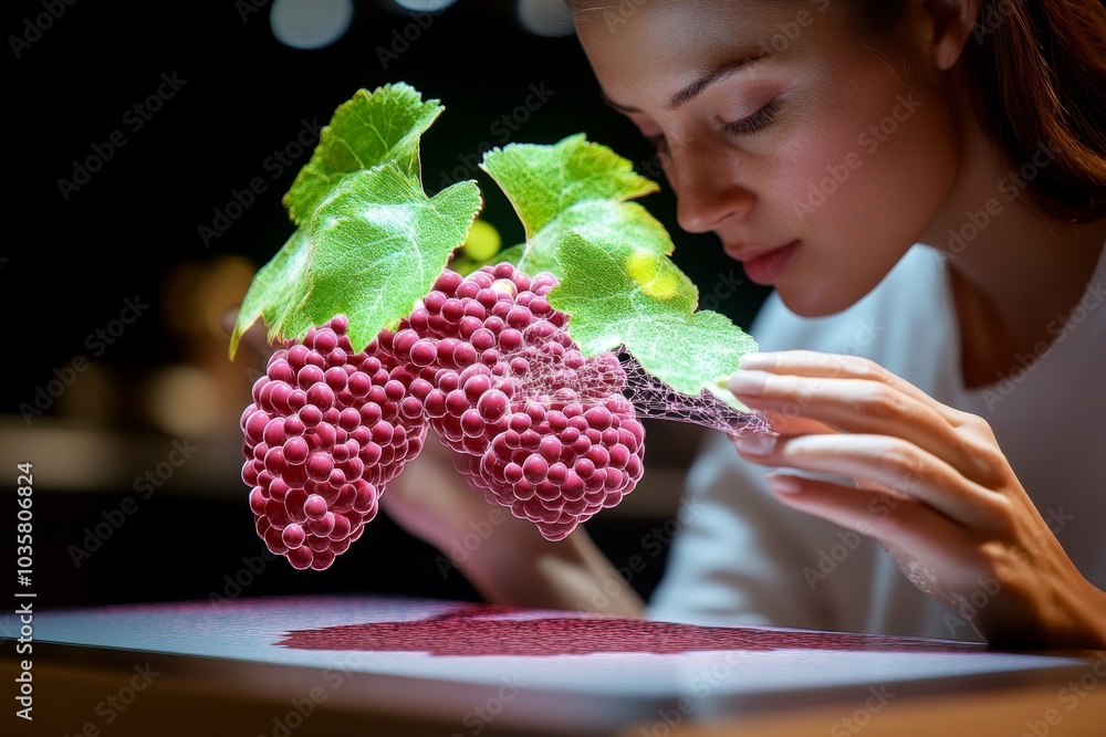 Poster wineberry dna structure displayed on a holographic screen, as part of botanical research