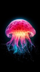 Naklejka premium A tight shot of a solitary jellyfish against a black backdrop In the frame's center, two jellyfish overlap, one hued red, the other blue