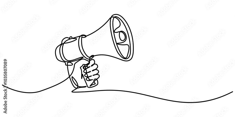 Poster continuous line drawing holding by hand megaphone speaker single line icon vector illustrations, one