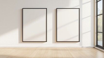 Empty gallery space with two frames ready for artwork, sunlight streaming through large windows.