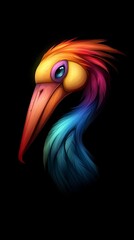  A vibrant bird's head against a black backdrop, sporting a beak painted blue, yellow, red, and orange