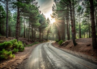 Fototapeta premium Scenic Pine Forest Dirt Road Winding Through Rugged Wilderness Landscape