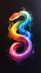 Fototapeta premium A multi-colored snake against a black backdrop exhales smoke from its mouth, surrounded by hues matching its scaly skin