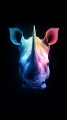  A tight shot of a rhino's face with a hue emanating from its rear end