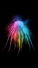  A tight shot of a jellyfish against a black backdrop, emitting hued smoke from its tentacles