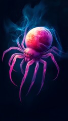  A pink spider on a black background, with smoke emanating from its back and a red ball centrally located within its body