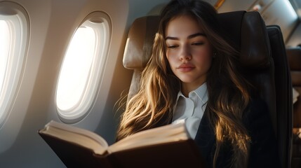 Businesswoman in a suit sitting by the airplane window, reading a book with a calm and focused expression. She is seated in a comfortable airplane seat, with natural light coming through the window.