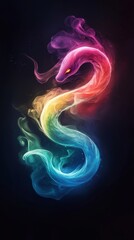 Obraz premium Colorful smoke forms a serpent shape against a black backdrop, its tail featuring red, yellow, and blue hues