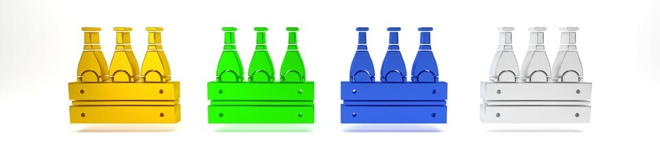 Colorful Pack of beer bottles icon isolated on white background. Wooden box and beer bottles. Case crate beer box sign. Minimalism concept. 3D render illustration