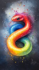 Fototapeta premium A painting of a vibrant snake in the center against a rainbow-hued backdrop, both set against a black background
