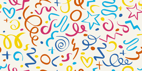 Colored hand draws strokes, curls. Fashionable drawing for a children's party. Seamless colorful wavy lines, abstract wavy lines in childish doodle style. 