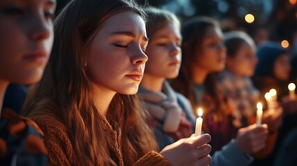A group of people holding candles in their hands, surrounded by an atmosphere of deep sorrow and grief. The crowd is solemnly praying, with their faces displaying serious and somber expressions.