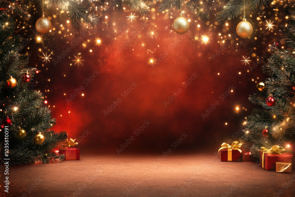 Wall mural Christmas background with presents under a beautifully decorated tree, shining lights, and a cozy fireplace.