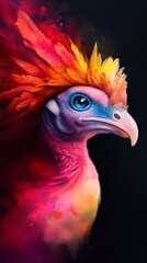 Fototapeta premium A tight shot of a bird wearing a vibrant headpiece against a dark backdrop