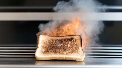 Toast on fire in a toaster, emitting smoke and flames, AI