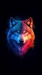 Naklejka premium A tight shot of a wolf's expressive face against a backdrop of shifting blues, reds, and yellows