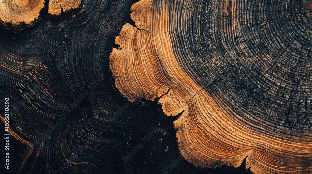 Poster closeup view of tree rings on a wooden cross section, showcasing the intricate patterns and natural 