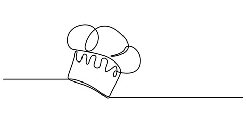 Chef Hat Continuous Line Art, Chef hat in one continuous line drawing. Symbol of cooking and restaurant kitchen in simple linear style. Professional uniform in editable stroke. Doodle vector