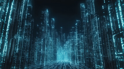 blue digital cityscape with glowing buildings and futuristic atmosphere, showcasing virtual urban environment. scene is illuminated with neon lights, creating cyberpunk feel