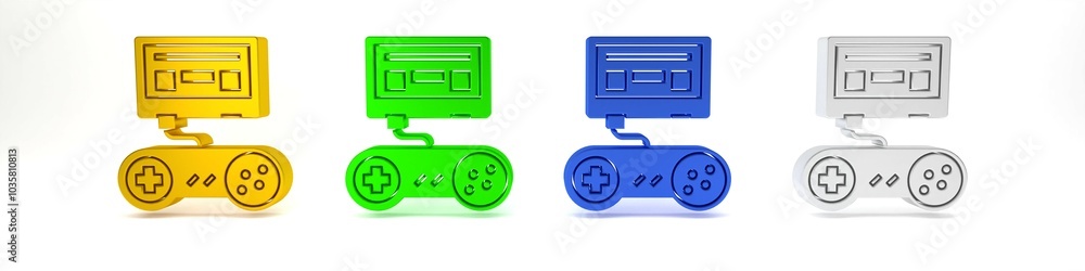 Poster colorful video game console with joystick icon isolated on white background. minimalism concept. 3d 