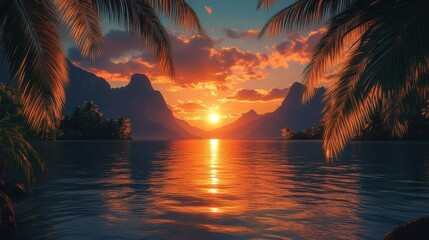 serene tropical sunset with a golden sun dipping into the ocean casting a warm glow on the reflective sea against majestic mountains and swaying palm trees evoking feelings of tranquility and peace