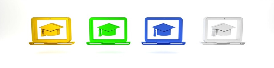 Colorful Graduation cap on screen laptop icon isolated on white background. Online learning or e-learning concept. Minimalism concept. 3D render illustration