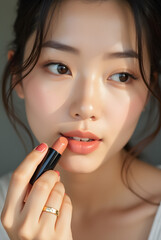 Young women is applying lipstick on her lips