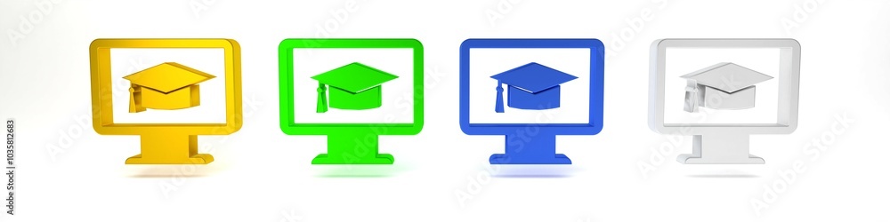 Poster colorful computer monitor with graduation cap icon isolated on white background. online learning or 