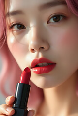 A close-up of glamour woman face with nude pink lipstick