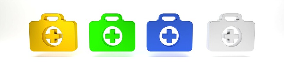 Fototapeta premium Colorful First aid kit icon isolated on white background. Medical box with cross. Medical equipment for emergency. Healthcare concept. Minimalism concept. 3D render illustration