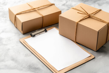 A blank clipboard and two brown packages tied with twine rest on a textured gray background, suggesting a shipping or delivery concept.