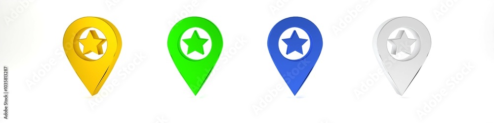 Poster colorful map pointer with star icon isolated on white background. star favorite pin map icon. map ma
