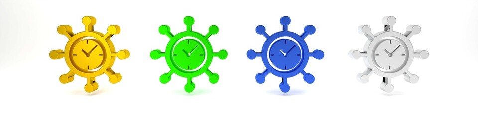 Colorful Clock and gear icon isolated on white background. Time Management symbol. Business concept. Hub and spokes and clock solid icon. Minimalism concept. 3D render illustration