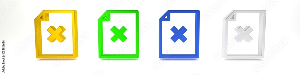Poster colorful delete file document icon isolated on white background. rejected document icon. cross on pa