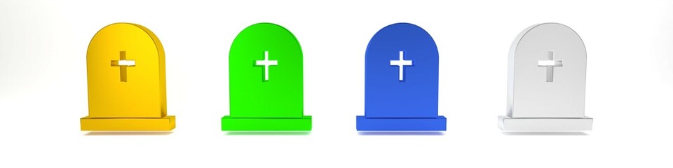 Fototapeta premium Colorful Tombstone with cross icon isolated on white background. Grave icon. Minimalism concept. 3D render illustration