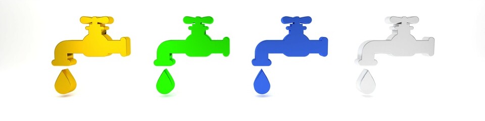 Colorful Water tap with a falling water drop icon isolated on white background. Minimalism concept. 3D render illustration