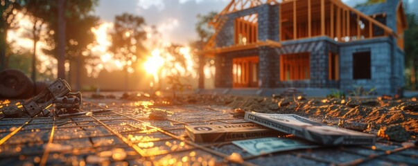 Sunset Over New Home Construction Site with Money and Building Plans on Ground