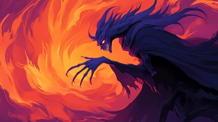 Fototapeta premium A dark, sinister figure shrouded in mystery, emerging from vibrant flames.