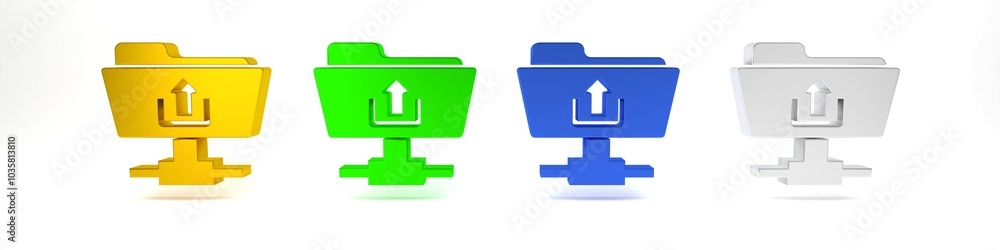 Poster colorful ftp folder upload icon isolated on white background. software update, transfer protocol, ro