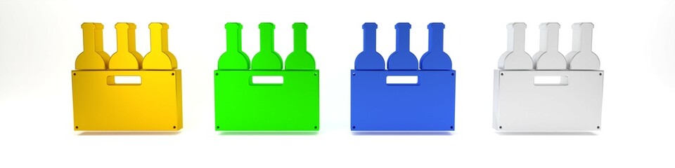 Colorful Bottles of wine in a wooden box icon isolated on white background. Wine bottles in a wooden crate icon. Minimalism concept. 3D render illustration