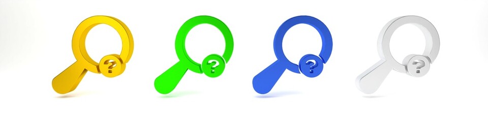 Colorful Unknown search icon isolated on white background. Magnifying glass and question mark. Minimalism concept. 3D render illustration