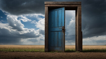 A mysterious blue door stands alone in a vast, open field beneath dark and stormy skies, capturing intrigue.